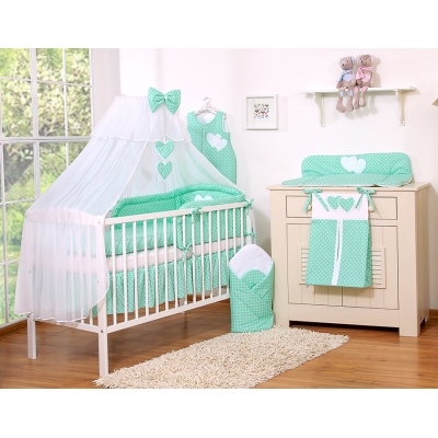 Lenzuolo Culla con Zanzariera 7 parti Menta Pois Bianchi Cuori