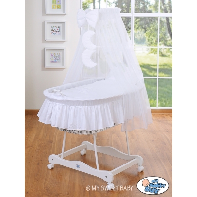 Navicella Vimini Neonato con Velo Set di Biancheria Bianca Notte