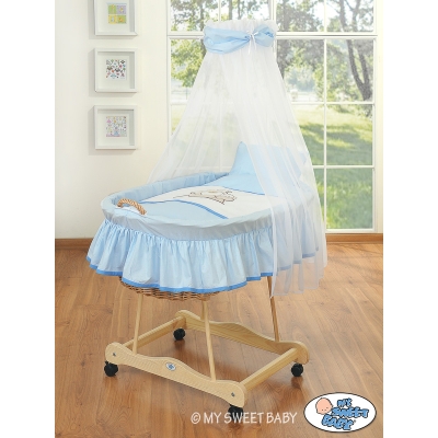 Navicella Vimini Neonato con Velo Set di Biancheria Blu Barnaba