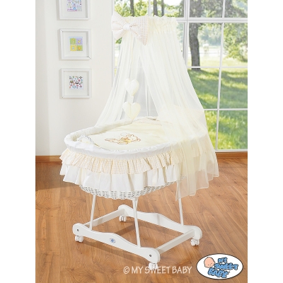 Navicella Vimini Neonato con Velo Set di Biancheria Creme Nastro