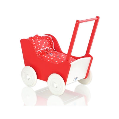Passeggino in Legno con Biancheria Bambole Bianca Rosso