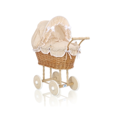 Passeggino in Vimini per le Bambole Bianca Beige Pois Bianchi