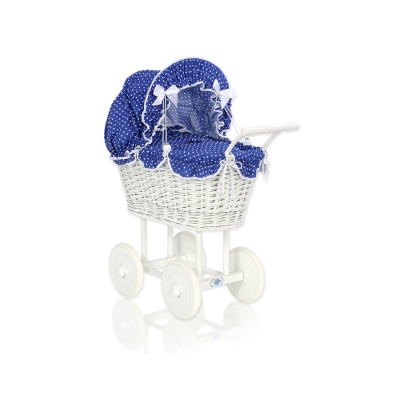 Passeggino in Vimini per le Bambole Blu Navy Pois Bianchi per Ragazze