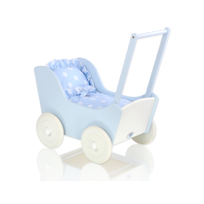 Passeggino per Bambole Legno Biancheria Bianca Blu