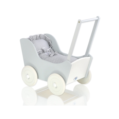 Passeggino per Bambole Legno Biancheria Bianca Grigio