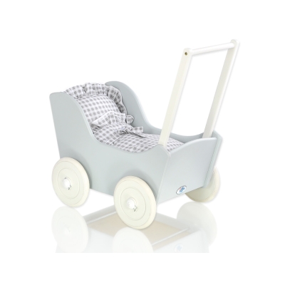 Passeggino per Bambole Legno Biancheria Bianca Grigio