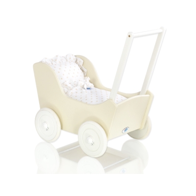 Passeggino per Bambole Legno Biancheria Creme Bianca