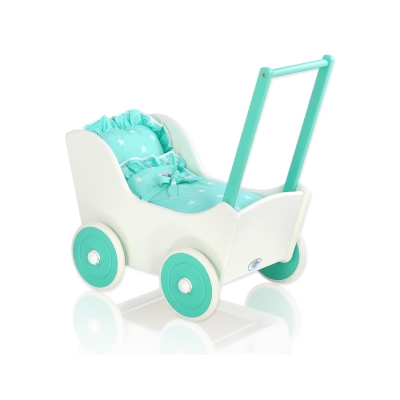 Passeggino per Bambole Legno Biancheria Menta Bianca