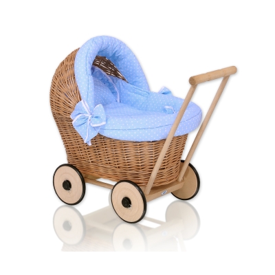 Passeggino per le Bambole Rattan Bianca Blu Pois Bianchi