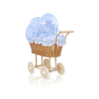 Passeggino per le Bambole Rattan Blu Pois Bianchi