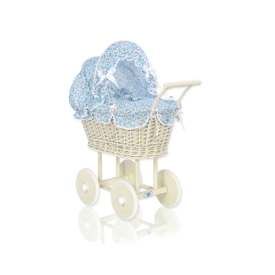 Passeggino per le Bambole Vimini Creme Blu Fiori Fiori