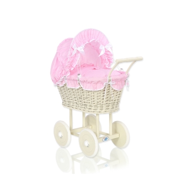 Passeggino per le Bambole Vimini Creme Rosa a Scacchi