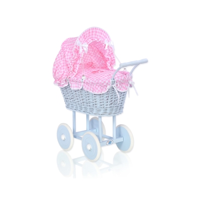 Passeggino per le Bambole Vimini Rosa Blu a Scacchi