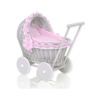 Passeggino per le Bambole Vimini Rosa Grigio Pois Bianchi
