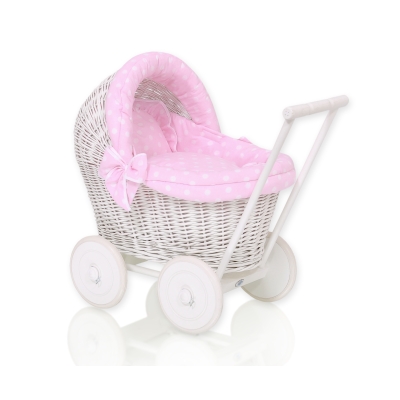 Passeggino per le Bambole Vimini Rosa Pois Bianchi
