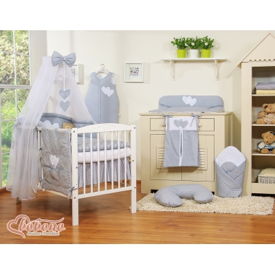 Set Biancheria da Letto con Baldacchino e Paracolpi 11 parti Grigio Pois Bianchi Cuori