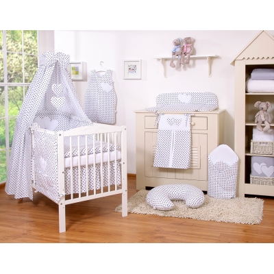 Set Biancheria da Letto con Baldacchino e Paracolpi 11 parti Nero Pois Bianchi Cuori