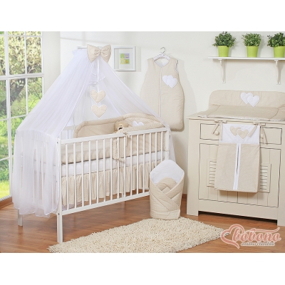 Set Biancheria da Letto con Zanzariera e Paracolpi 11 parti Beige Pois Bianchi Cuori