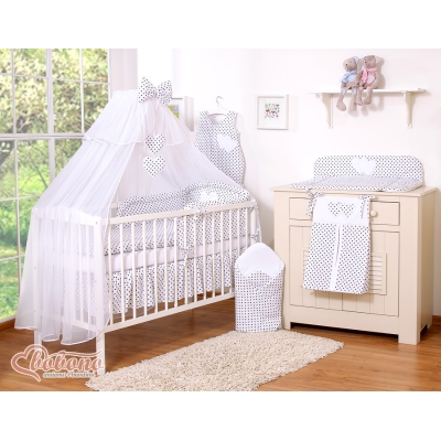 Set Biancheria da Letto con Zanzariera e Paracolpi 11 parti Nero Pois Bianchi Cuori