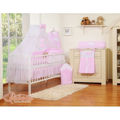 Set Biancheria da Letto con Zanzariera e Paracolpi 11 parti Rosa Pois Bianchi Cuori