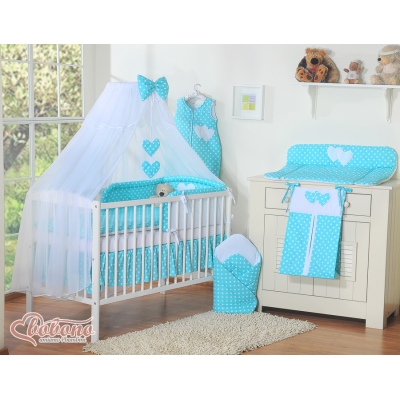 Set Biancheria da Letto con Zanzariera e Paracolpi 11 parti Turchese Pois Bianchi Cuori