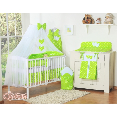 Set Biancheria da Letto con Zanzariera e Paracolpi 11 parti Verde Pois Bianchi Cuori