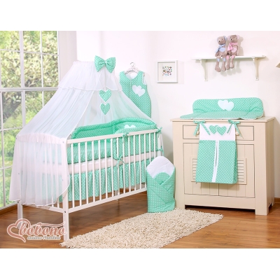 Set Biancheria da Letto con Zanzariera e Sacco Nanna 11 parti Menta Pois Bianchi Cuori