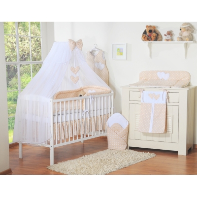 Set Biancheria Notte 7 parti Para Neonato Beige Pois Bianchi Cuori