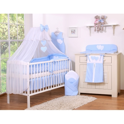 Set Biancheria Notte 7 parti Para Neonato Blu Pois Bianchi Cuori