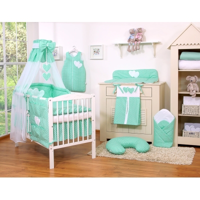 Set Biancheria Notte 7 parti Para Neonato Menta Pois Bianchi Cuori