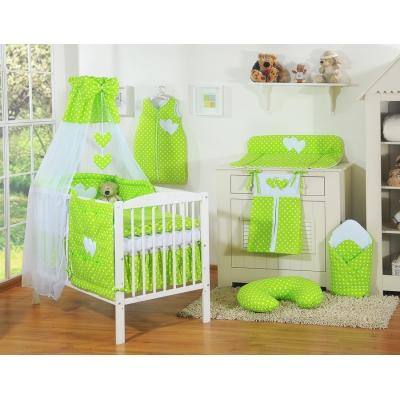 Set Biancheria Notte 7 parti Para Neonato Verde Pois Bianchi Cuori