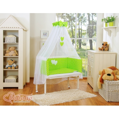 Set Biancheria per Culla da Agganciare al Letto 6 parti Verde Pois Bianchi Cuori