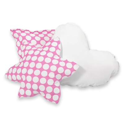 Set di 3 Cuscini Decorativi a Forma di Stella Quadrato e Cuore Rosa Pois Bianchi