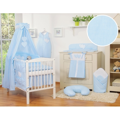 Set Lenzuolo Culla con Baldacchino 7 parti Blu a Strisce Cuori