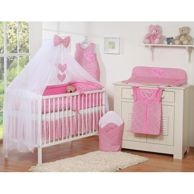 Set Lenzuolo Culla con Zanzariera 7 parti Rosa a Scacchi Cuori