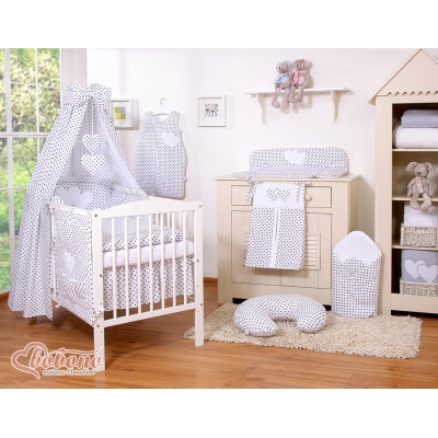 Set Lenzuolo da Letto con Baldacchino e Paracolpi 11 parti Nero Pois Bianchi Cuori