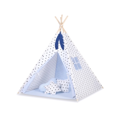 MEGA SET: Tenda Teepee con Tappetino, Cuscini e Piume Decorative GRATIS! Blu