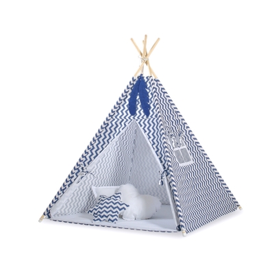 MEGA SET: Tenda Teepee con Tappetino, Cuscini e Piume Decorative GRATIS! Blu Scuro Chevron