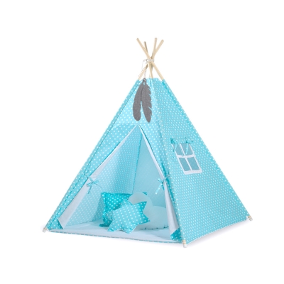 Tenda Teepee con Tappetino e Cuscini Turchese Pois Bianchi