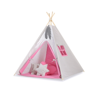 Tenda Teepee con Tappetino e Piume Decorative GRATIS! Rosa Grigio a Scacchi