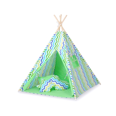 Tenda Teepee per Bambini con Tappetino e Set Cuscini Verde Blu Chevron