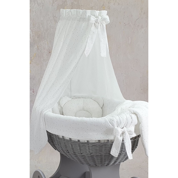 Baldacchino mussola bianca culla vimini