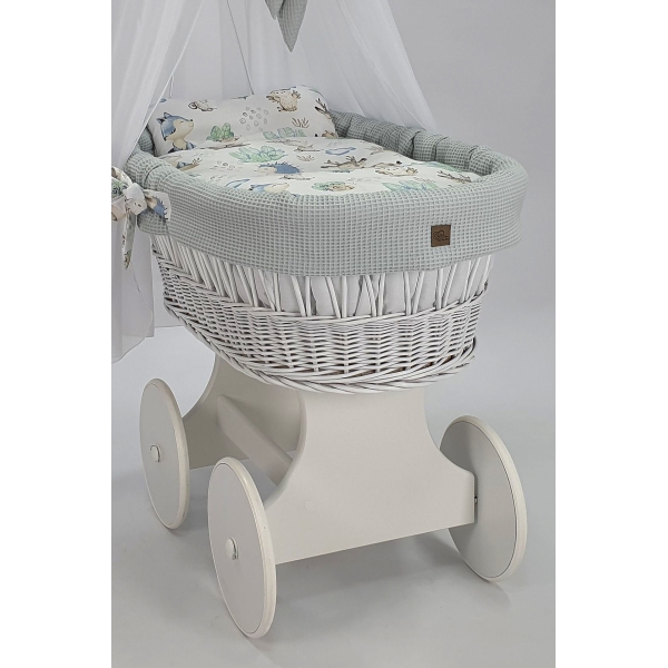 Culla di vimini bianca - rivestimento grigio