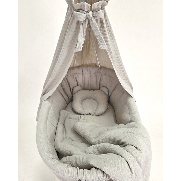 Culla in vimini con velo beige - mussola