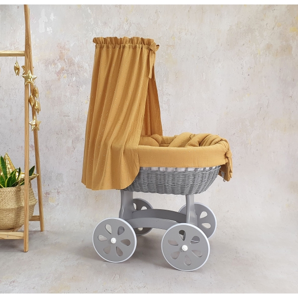 Culla rattan grigio con baldacchino senape