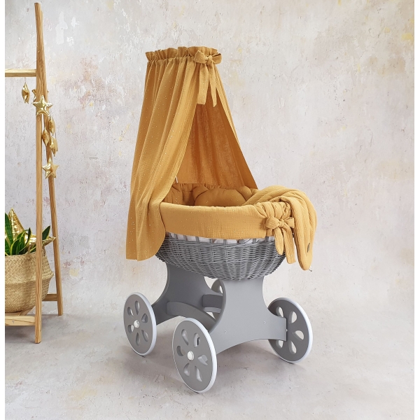 Culla rattan grigio con velo mussola miele