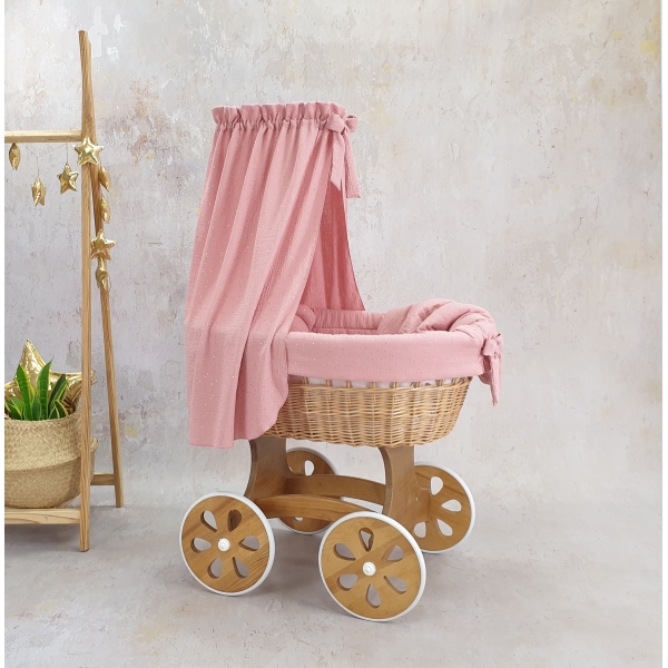 Culla rattan naturale per ragazza mussola rosa