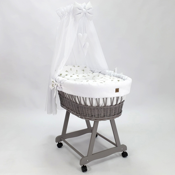 Culla vimini neonato grigio biancheria bianca