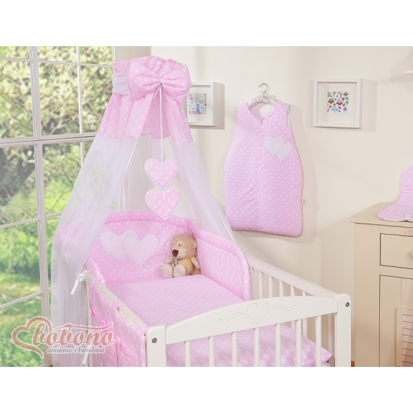 Baldacchino in Chiffon per Lettino e Culla Rosa Pois Bianchi Cuori