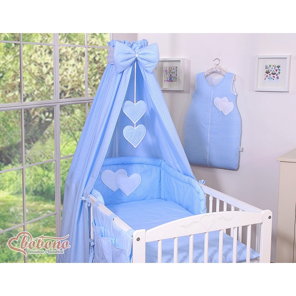 Biancheria con Baldacchino e Paracolpi Lettino Neonati 5 parti Blu Pois Bianchi Cuori